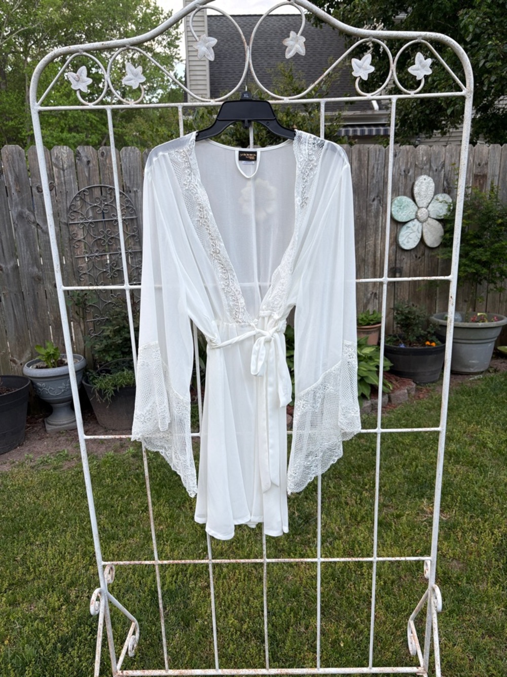 Sheer Lace-Trim White Robe with Satin Tie